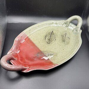 Handmade Ceramic Serving Tray With Leaf Imprints & Dual Handles Stamped Nittler